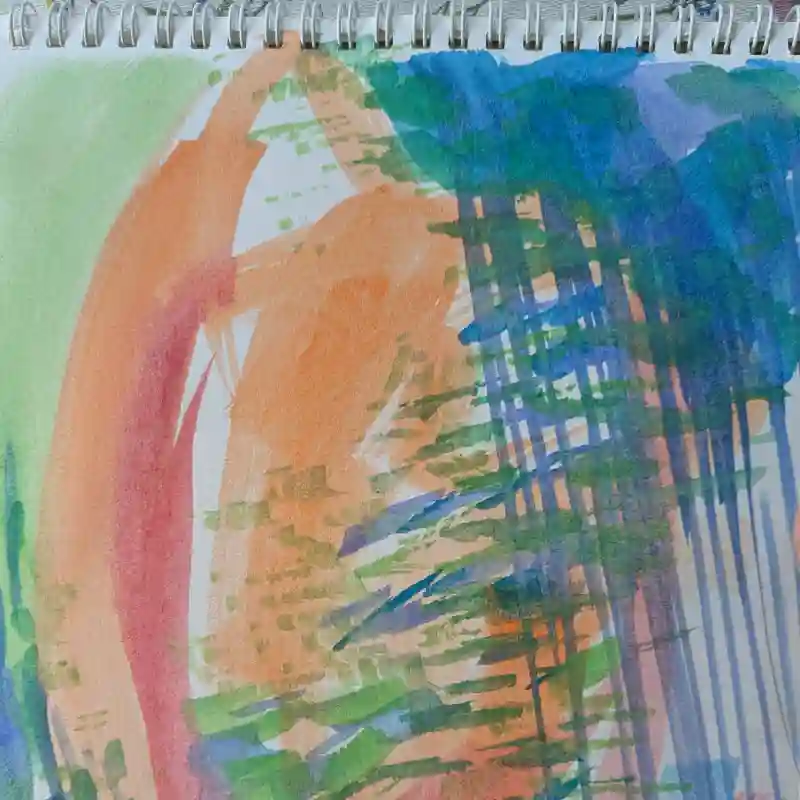 This depicts a watercour painting doodle in a sketchpad, painted in about fifteen minutes, showing energy, colour and passion.