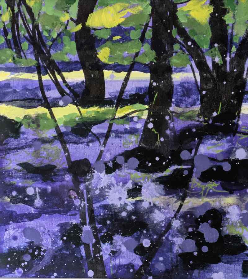 Original artwork of bluebell Bodrean woods in Cornwall. Painted en-plein-air acrylic on board. Dappled light throughout describing the trees in dark shadow which highlights the purples and blues of the bells and the bright yellow sunlight.