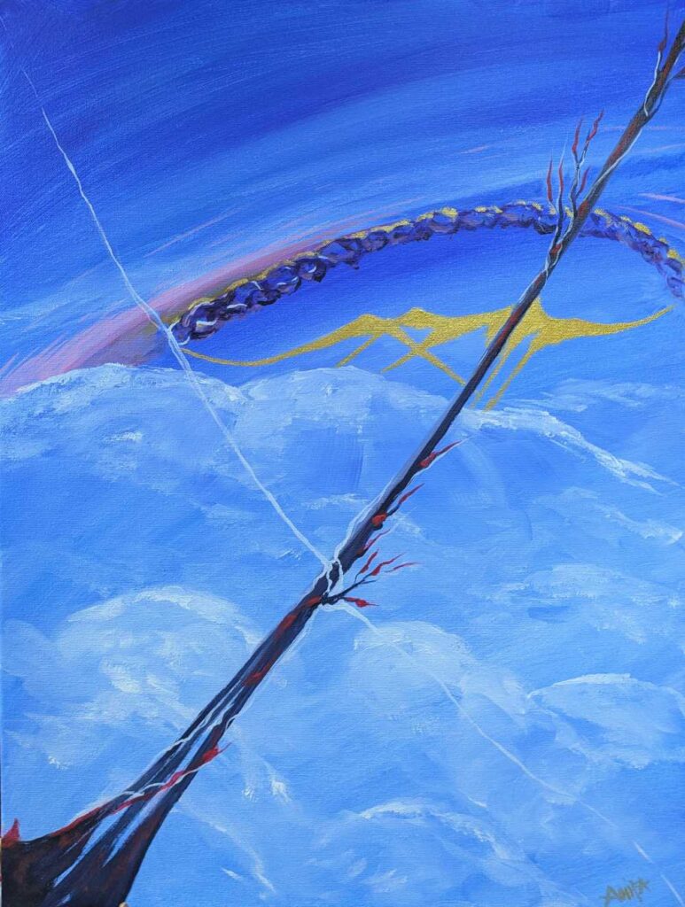 An Easter message, of Jesus dying on the cross with ressurected New Life creating a New Heaven and a New Earth encompasing all. The transparency of the clouds over a blue heavenly expanse.